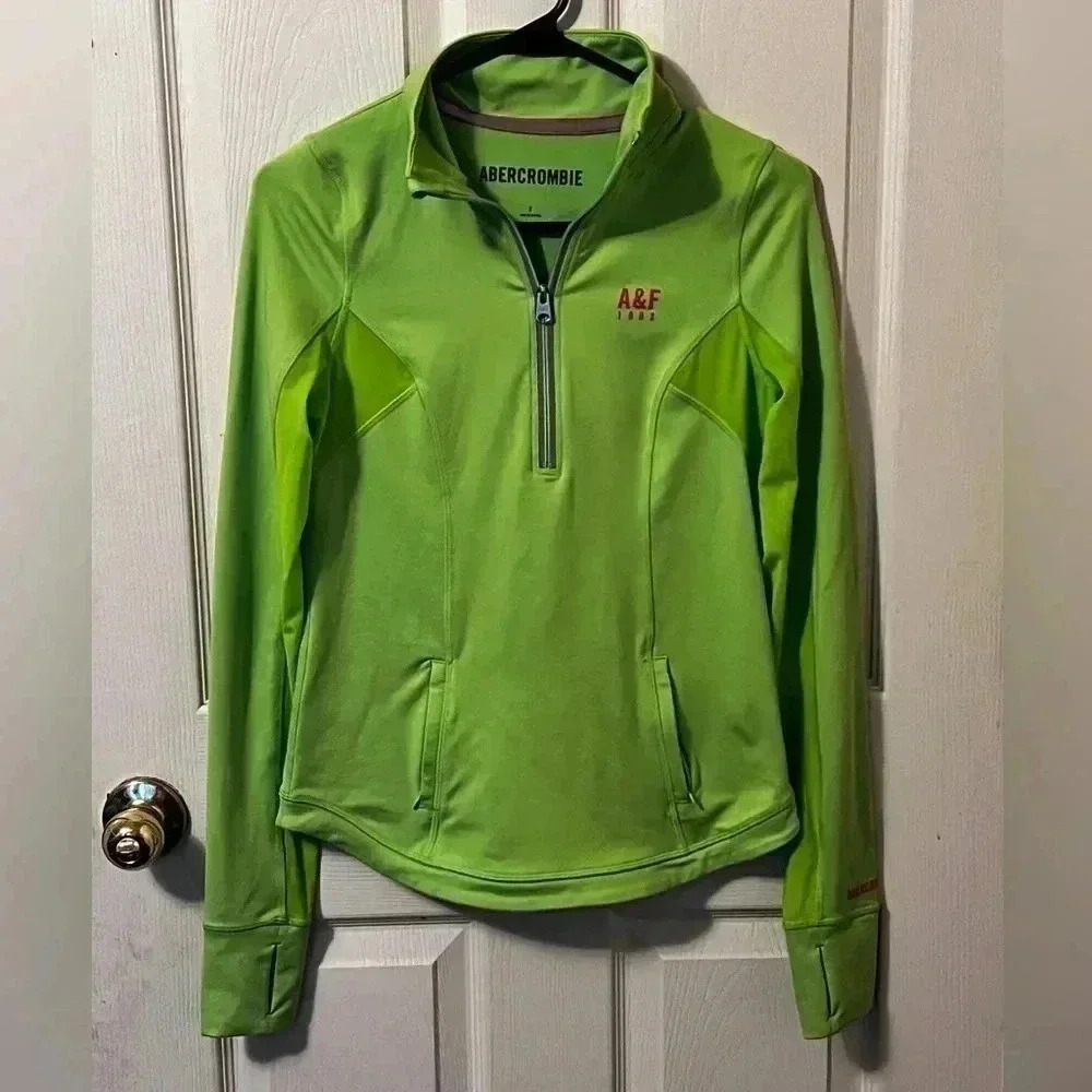 Abercrombie Womens Running Jacket 1/4 Zip Green Thumb Hole Mesh Small EUC